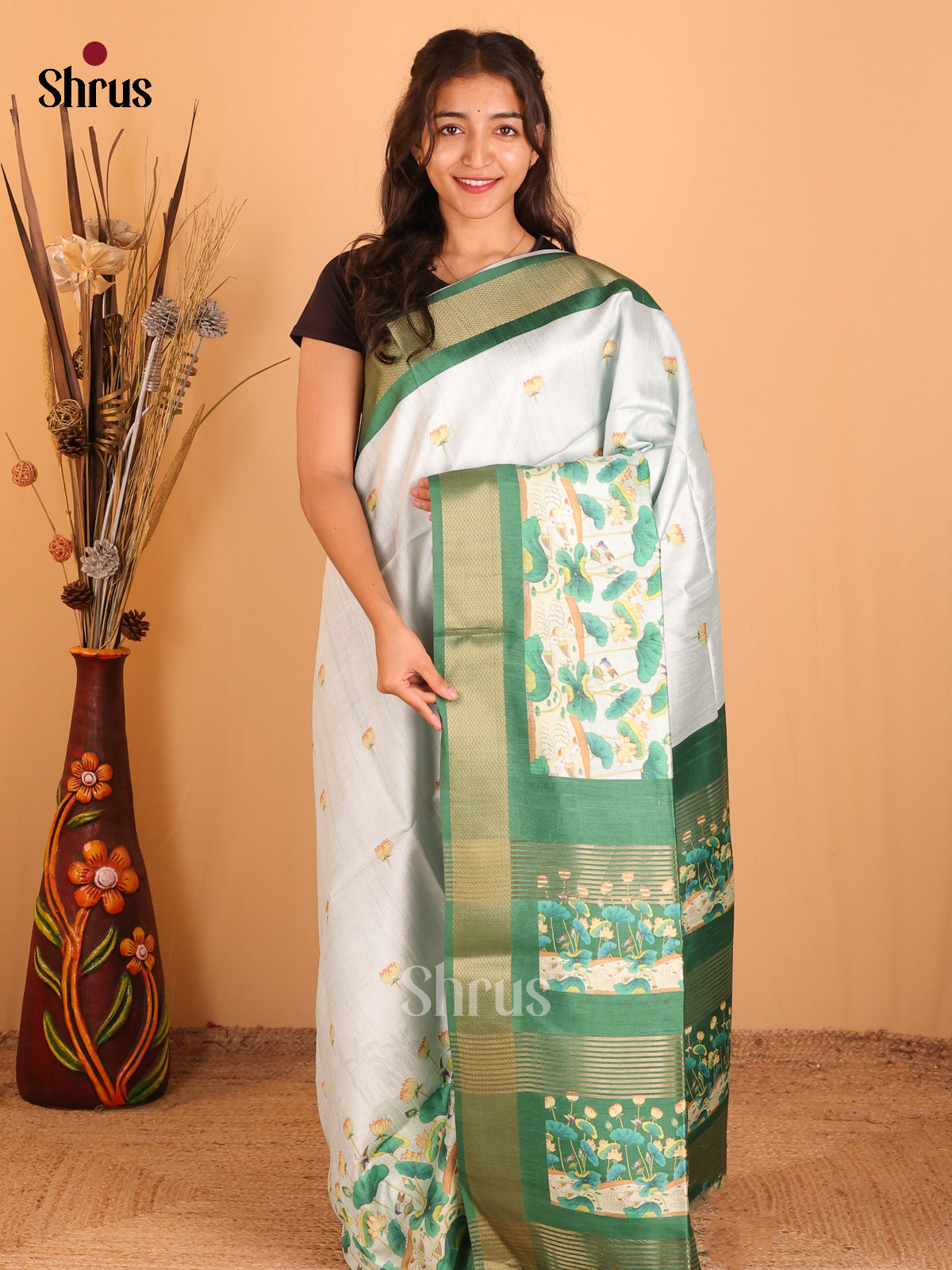 Cream & Green - Champa semitussar Saree - Shop on Shrus.com