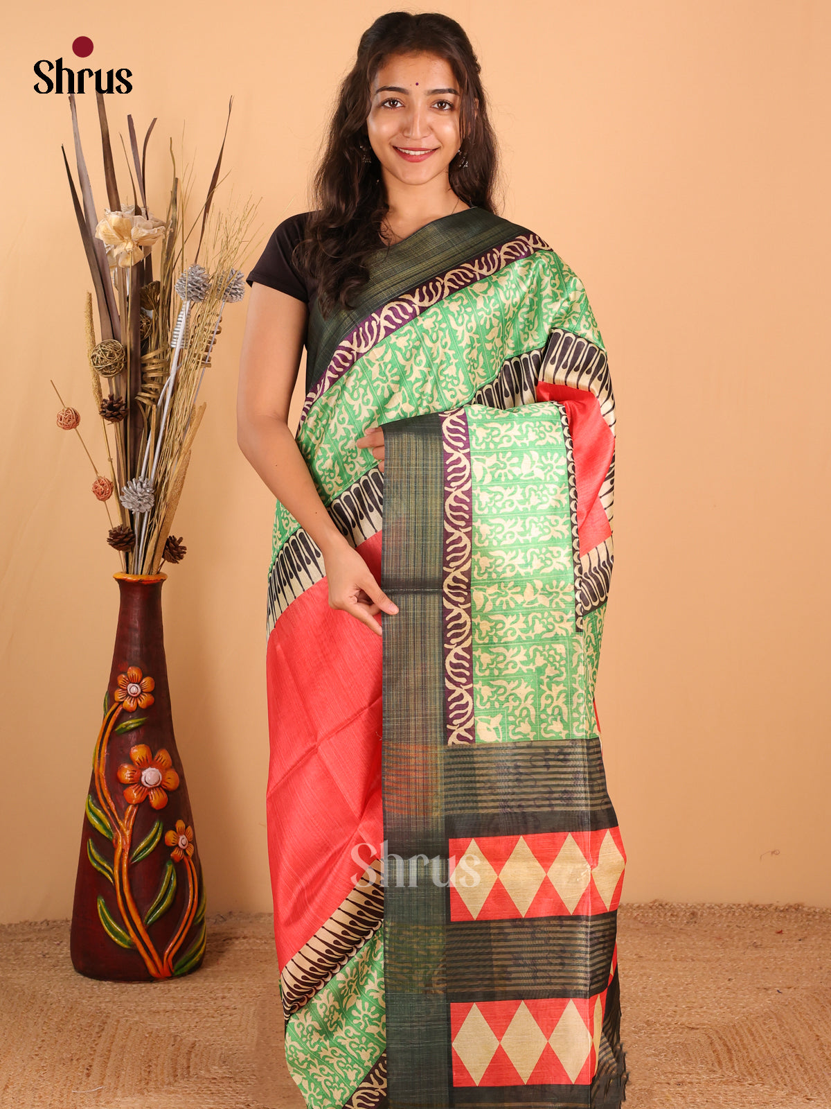 Orange & olive Green - Champa Semitussar Saree - DCS11152 - Shop on Shrus.com
