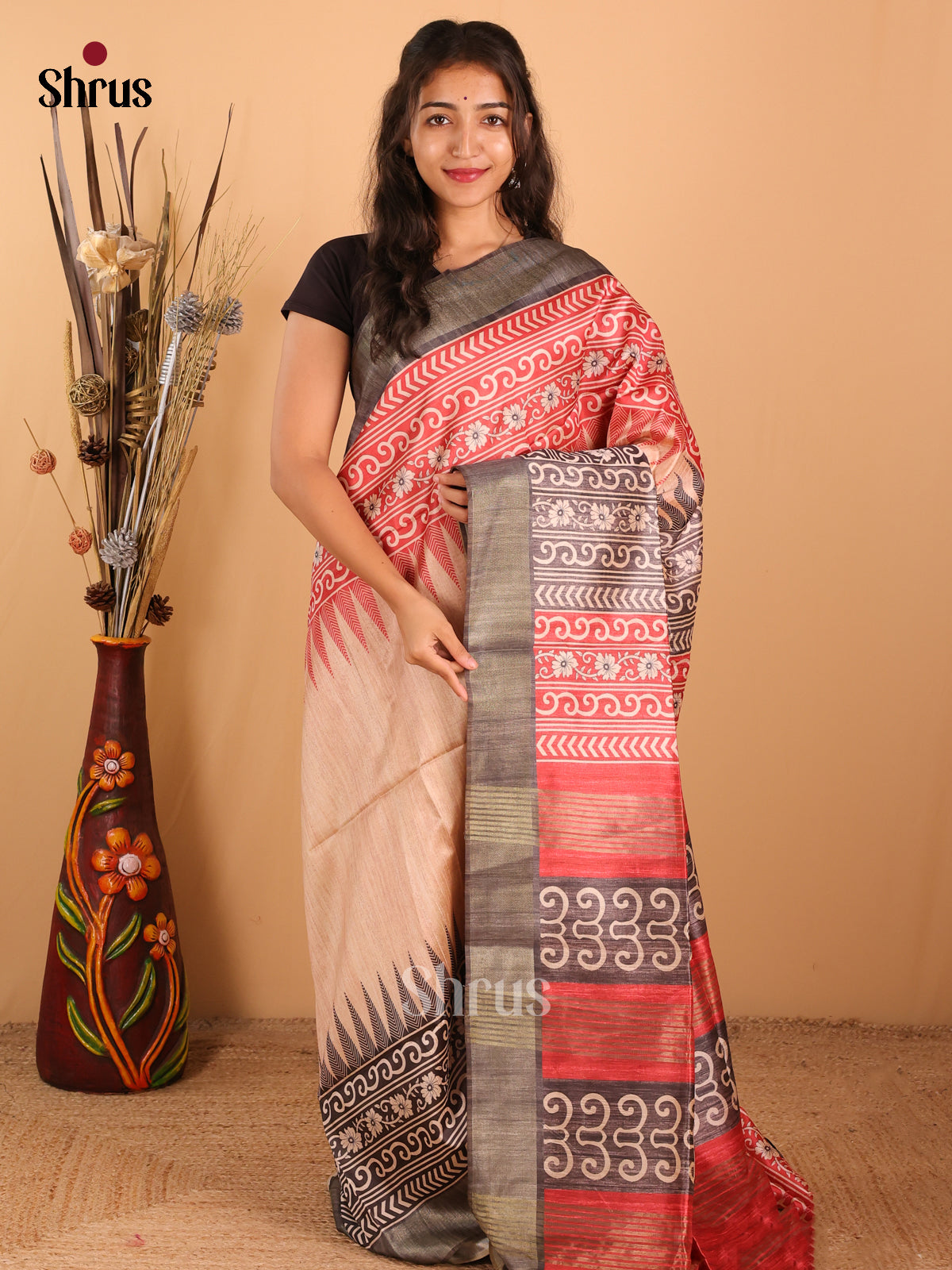 Sandal & grey - Champa Semi tussar Saree - DCS11170 - Shop on Shrus.com