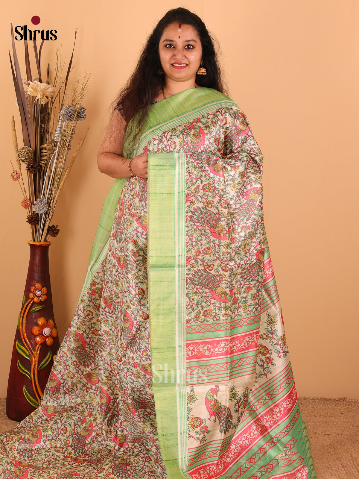 Sandal & Parrot Green - Champa Semi Tussar Saree - DCS11171 - Shop on Shrus.com