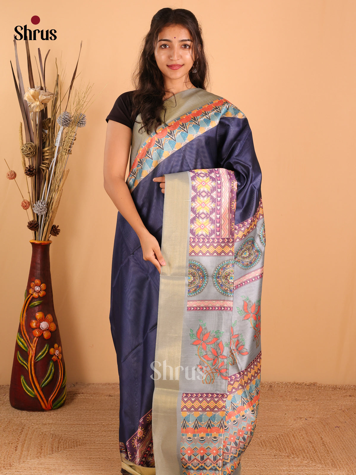 Dark navy blue & grey - Champa Semitussar Saree - DCS11174 - Shop on Shrus.com