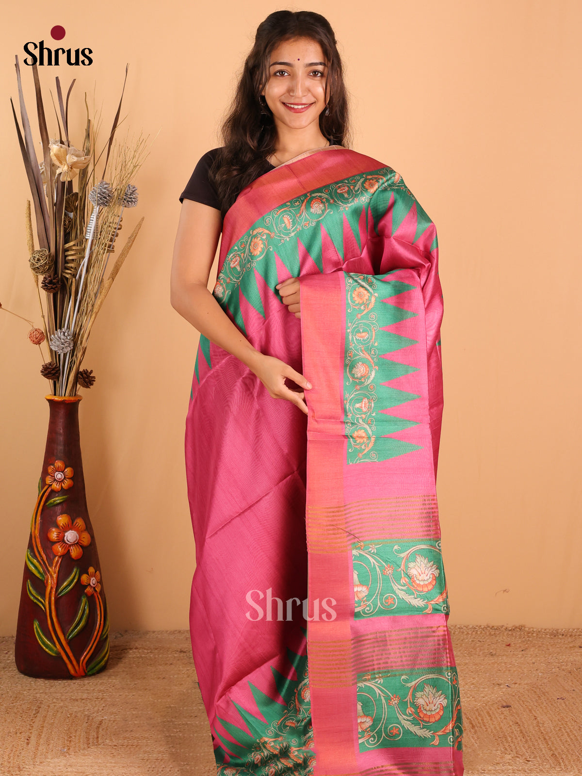 Dark onion Pink & Green - Champa Semitussa Saree - DCS11183 - Shop on Shrus.com