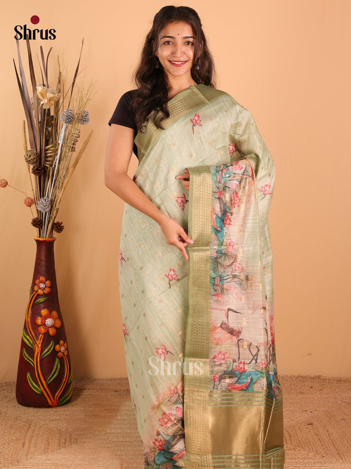 Pista Green & Golden - Champa Semitussa Saree - DCS11185 - Shop on Shrus.com