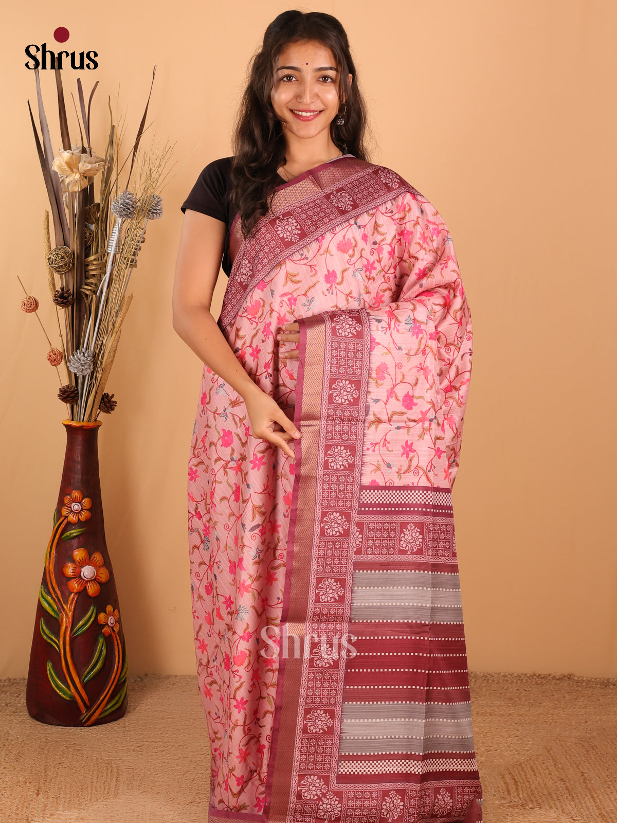 light Peach & Dark onion Pink - Champa Semitussar Saree - DCS11186 - Shop on Shrus.com