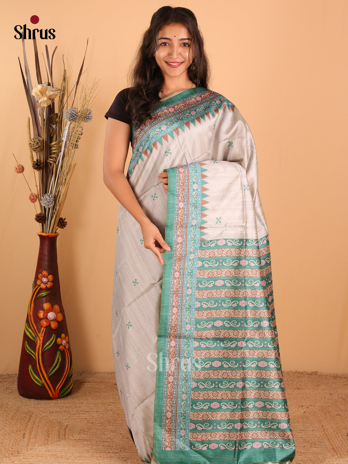 lite grey & teal green - Champa Semitussa Saree - DCS11201 - Shop on Shrus.com