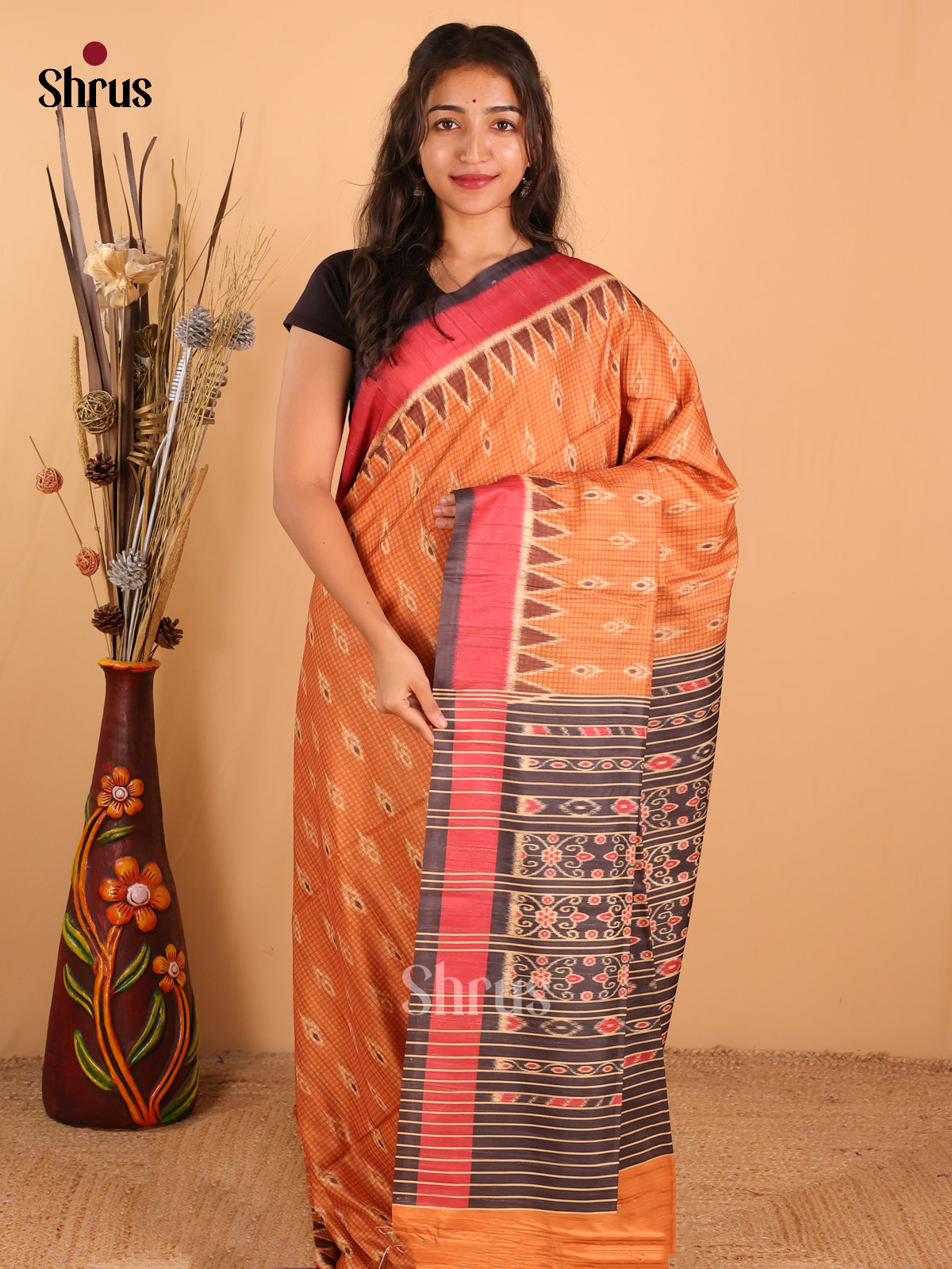 Mustard & dark grey - Champa Semitussar Saree - DCS11219 - Shop on Shrus.com