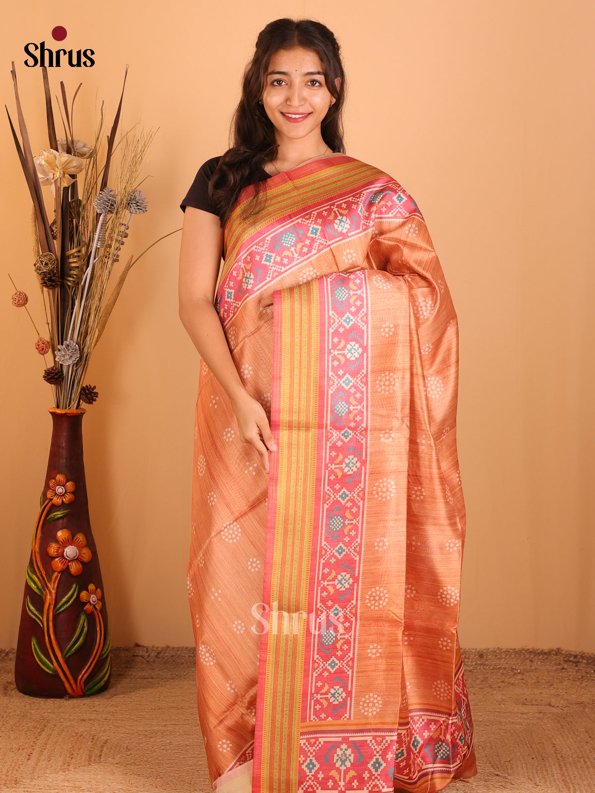 Orange & Pink - Champa semitussar Saree - Shop on Shrus.com