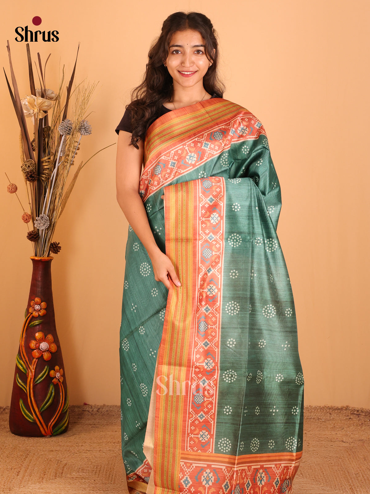 Green & Orange - Champa semitussar Saree - Shop on Shrus.com