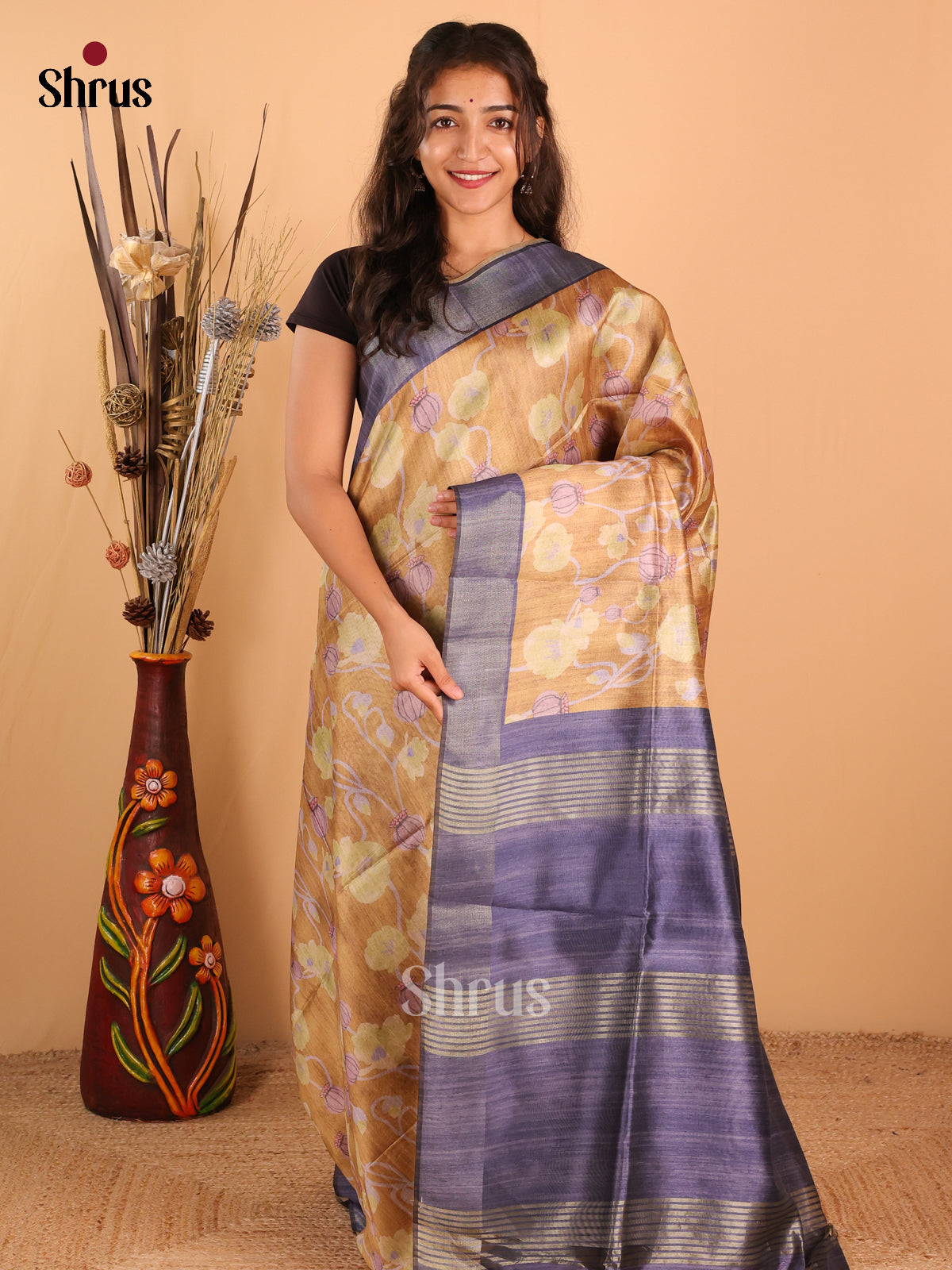 light Mehandi Green & Pastel Dark blue - Champa Semitussa Saree - DCS11227 - Shop on Shrus.com