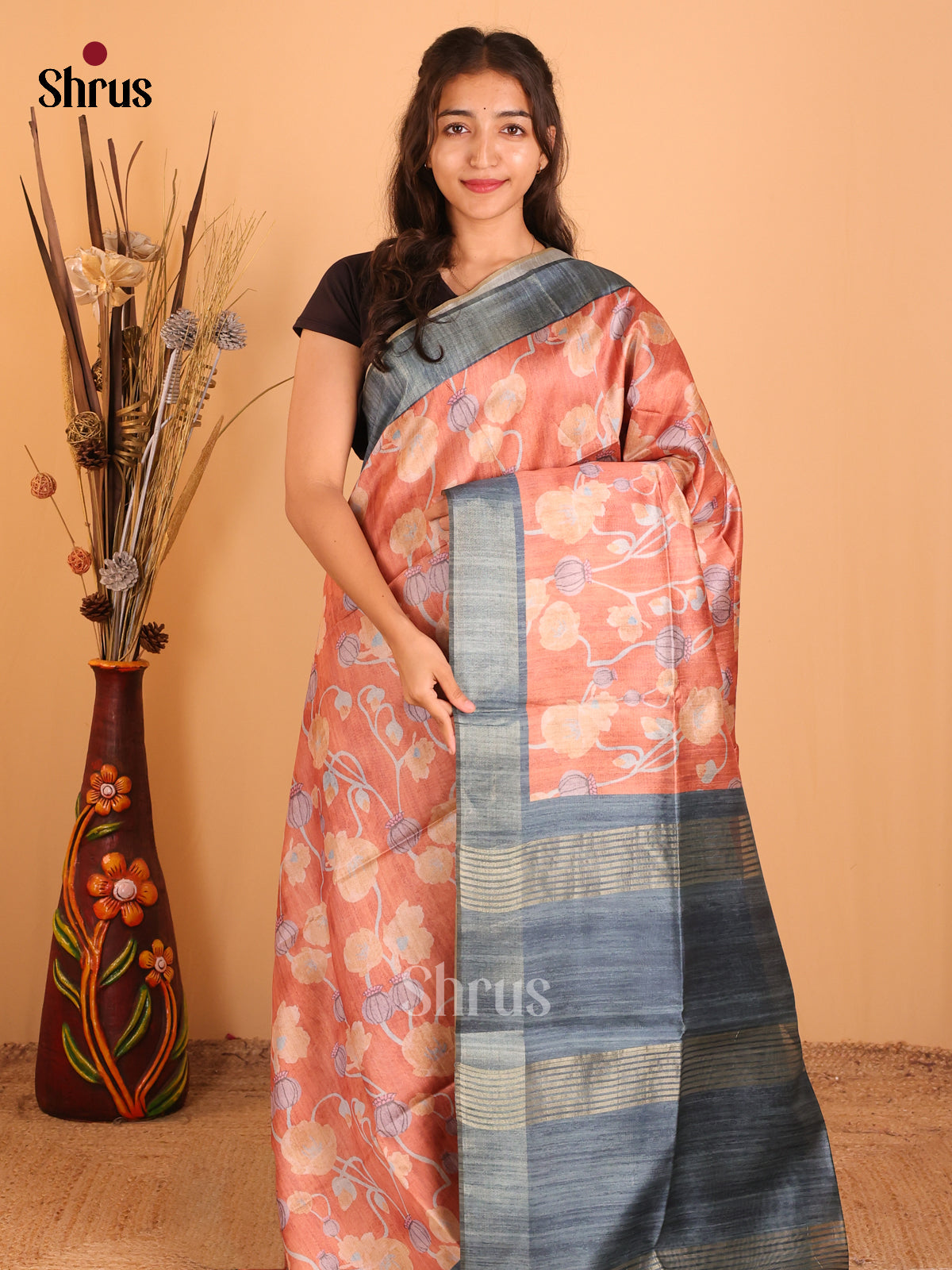 Orange & Grey- Champa semitussar Saree - Shop on Shrus.com