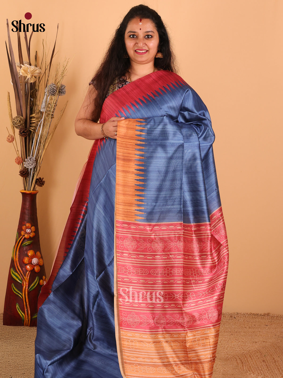 Blue & Mustard/Red - Champa Semi Tussar Saree - DCS11233 - Shop on Shrus.com