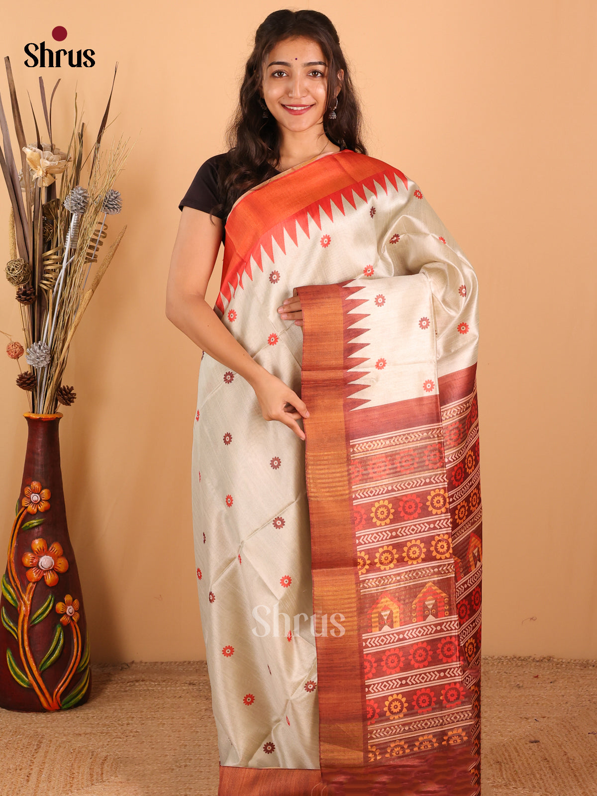 Pista light Green & Dark brown - Champa Semitussar Saree - DCS11237 - Shop on Shrus.com