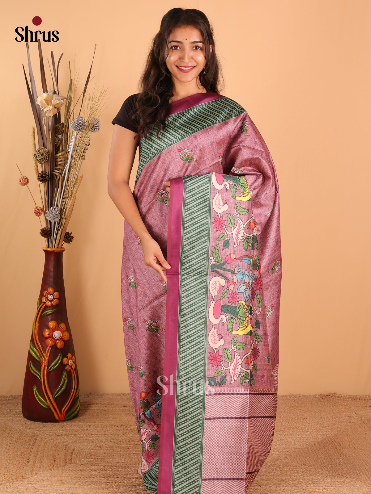 Dusky pink & green - Champa Semitussa Saree - DCS11243 - Shop on Shrus.com