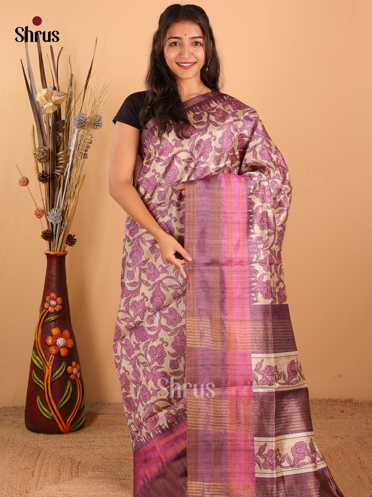 Sandal & dusky Pink - Champa Semitussa Saree - DCS11246 - Shop on Shrus.com