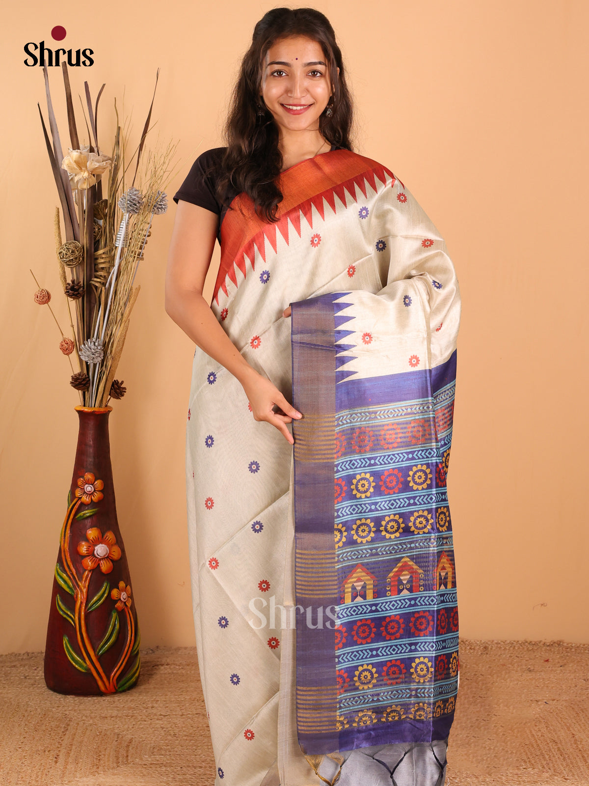 Pasteal Green & /orange & Navy Blue - Champa Semitussa Saree - DCS11250 - Shop on Shrus.com