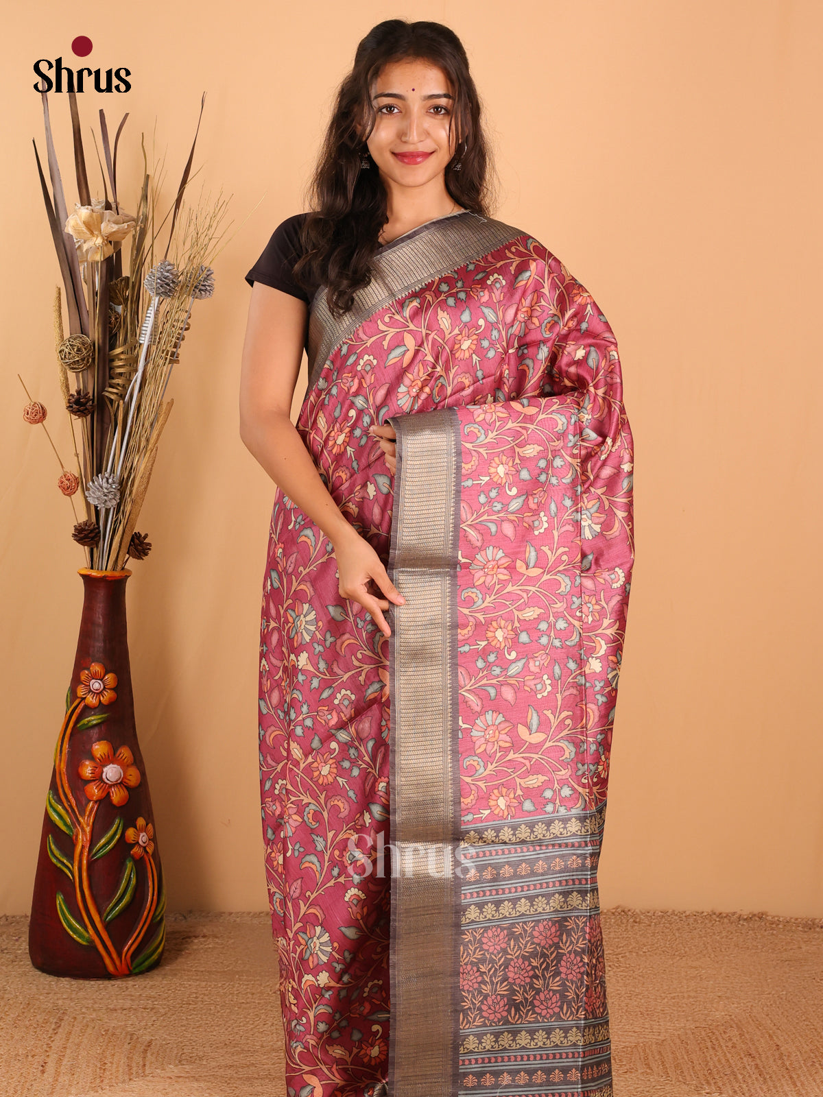 Dark Onion Pik & Dark Grey - Champa Semitussa Saree - DCS11251 - Shop on Shrus.com