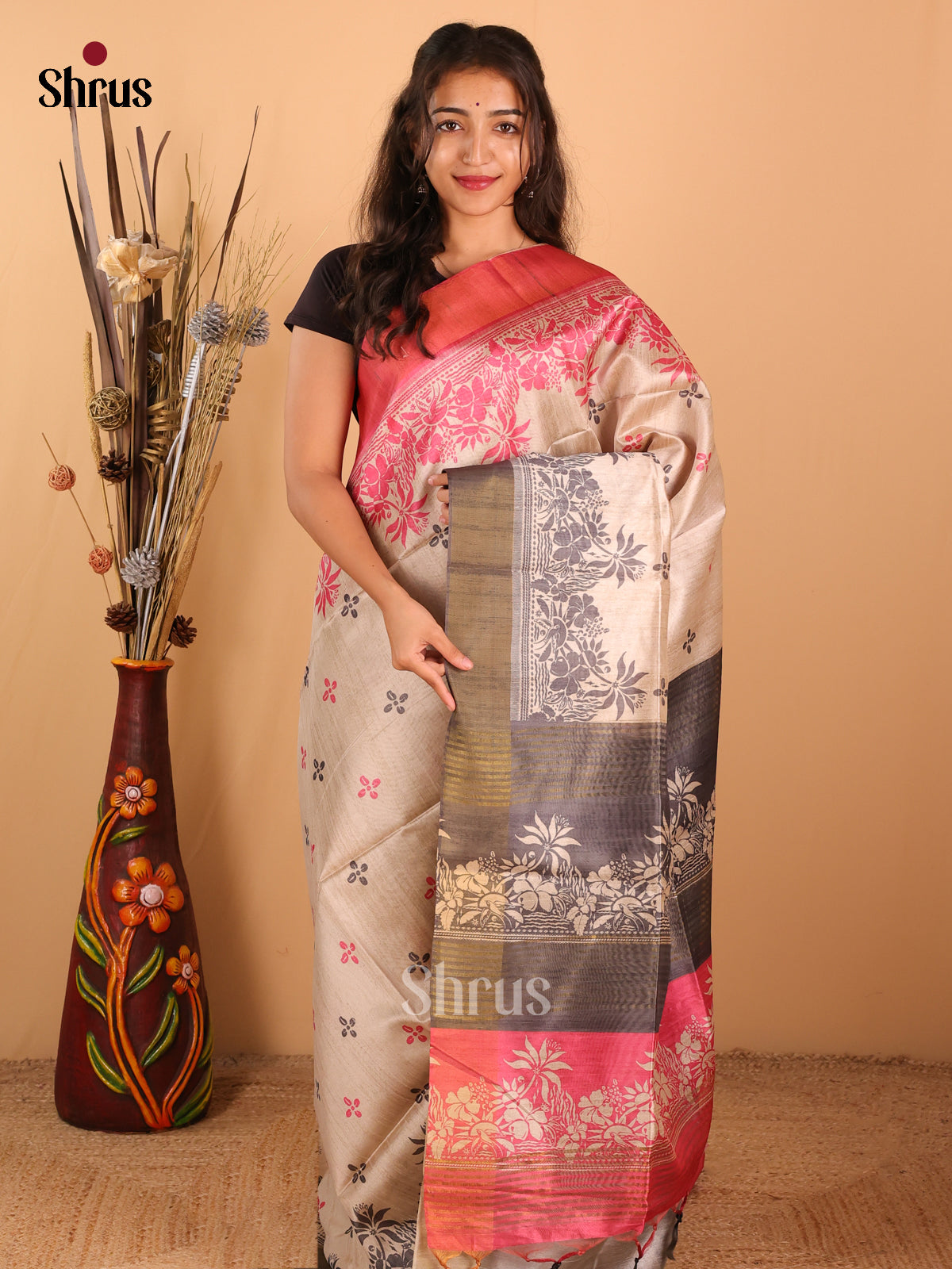 Beige & Grey/ Pink - Champa Semitussa Saree - DCS11256 - Shop on Shrus.com