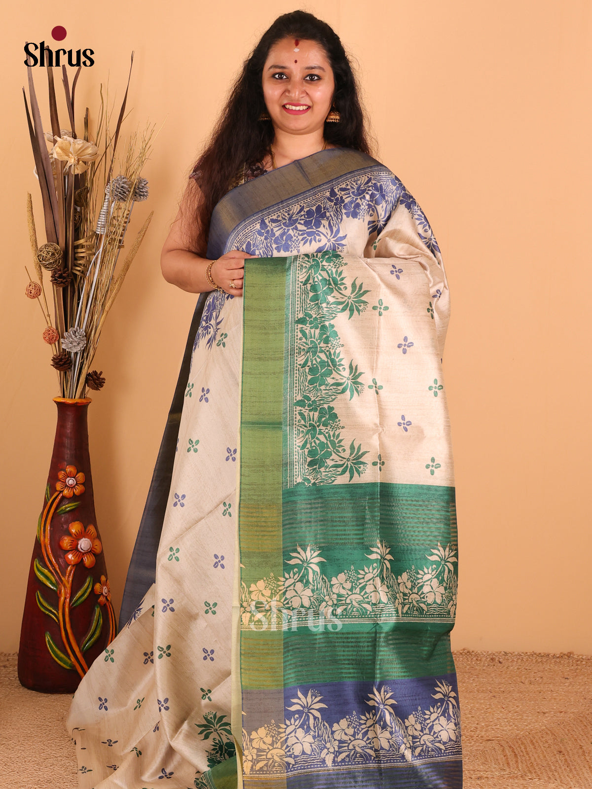 Cream & light Navy Blue - Champa Semi Tussar Saree - DCS11259 - Shop on Shrus.com