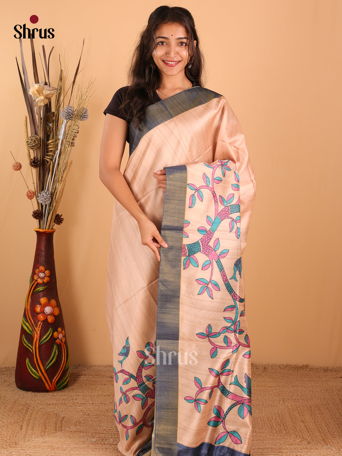 Sandal & Navy blue - Champa Semitussa Saree - DCS11264 - Shop on Shrus.com