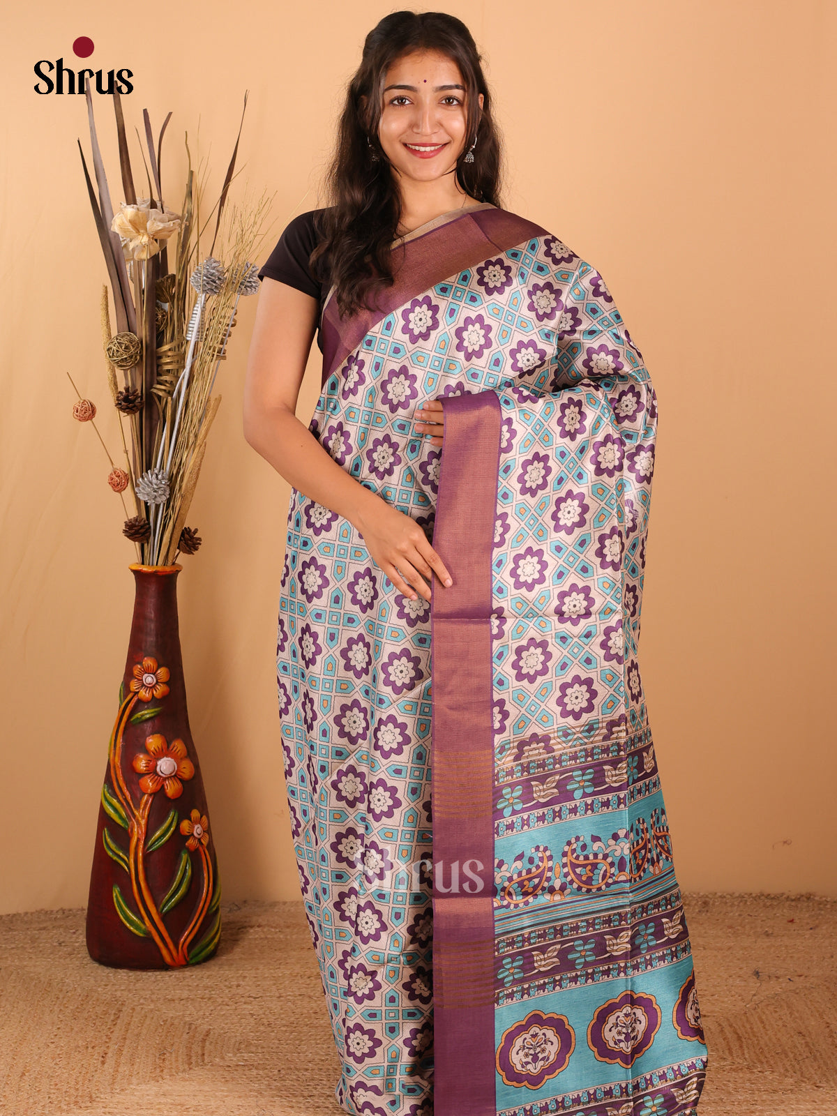 Cream, & Purple - Champa Semitussa Saree - DCS11269 - Shop on Shrus.com