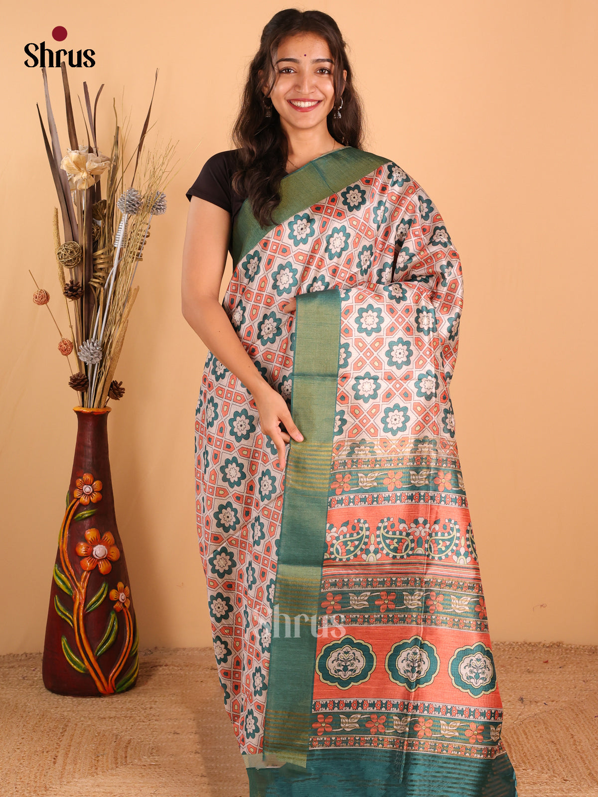 Cream & Teal Green - Champa Semitussar Saree - DCS11270 - Shop on Shrus.com