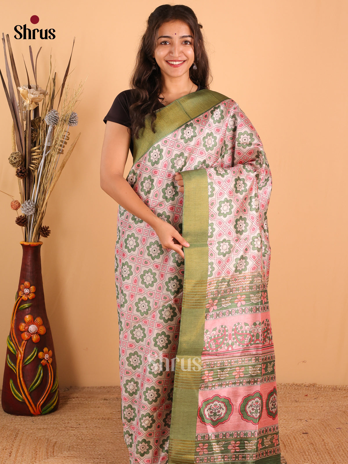 Cream & Green - Champa Semitussa Saree - DCS11271 - Shop on Shrus.com