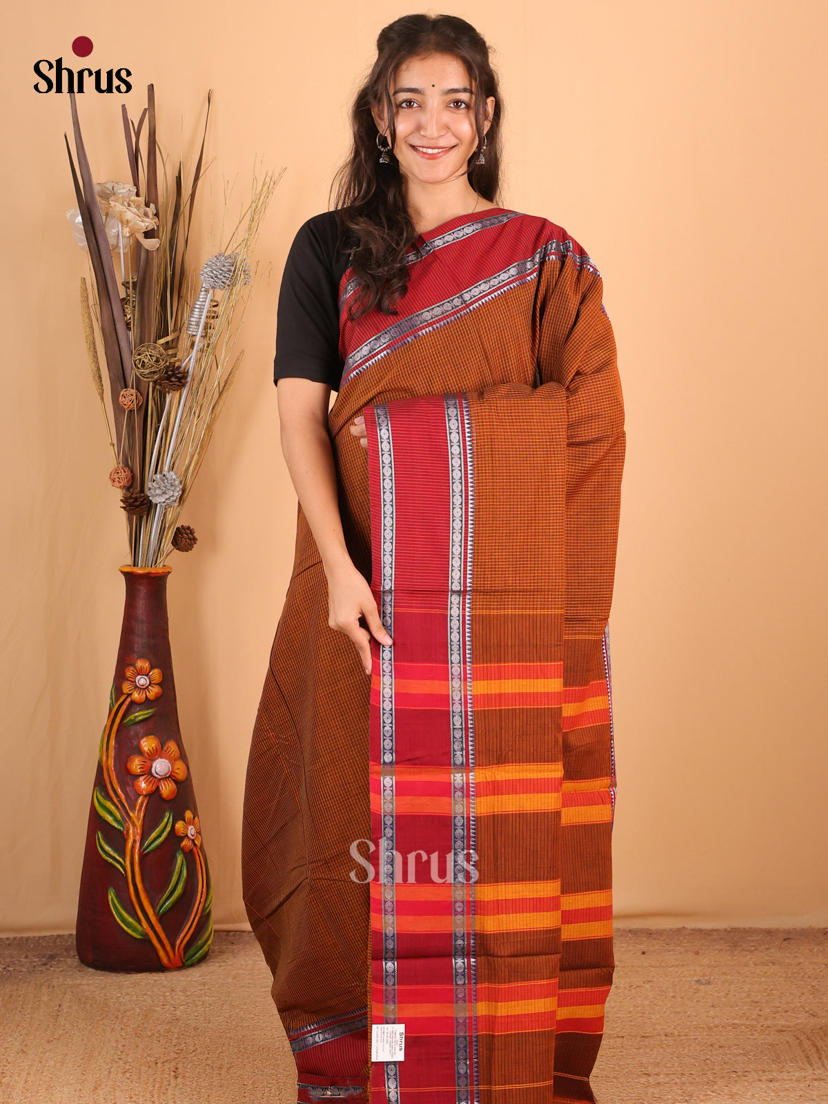 Dark Mustard & Maroon - Narayanpet Cotton Saree - Shop on Shrus.com