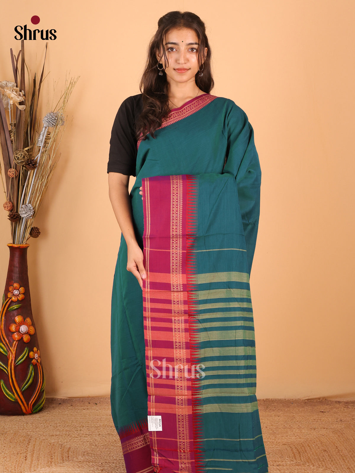 Peacock Green & Maroon- Narayanpet Cotton Saree - Shop on Shrus.com