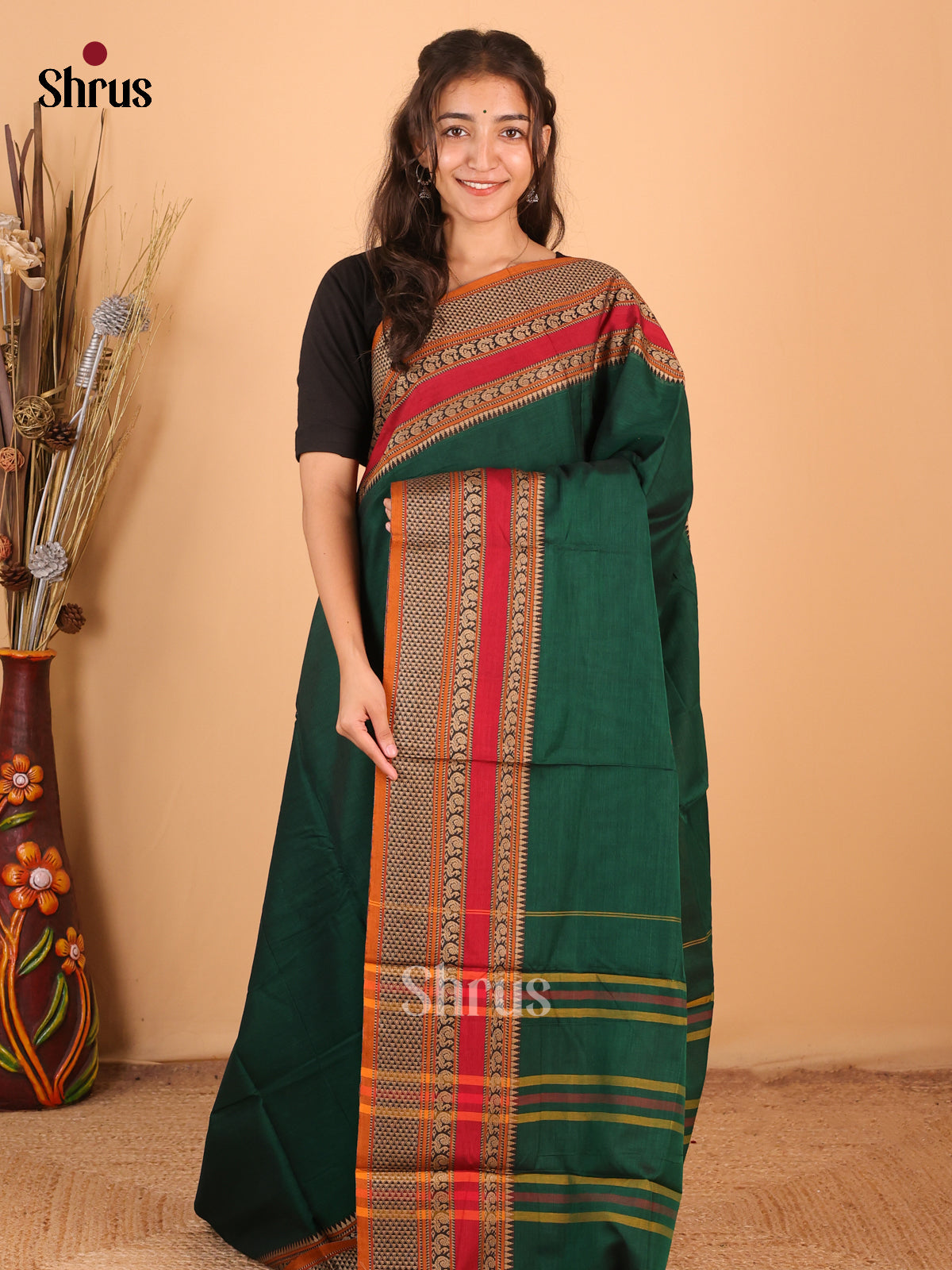 Green & Orange - Narayanpet Cotton Saree - Shop on Shrus.com
