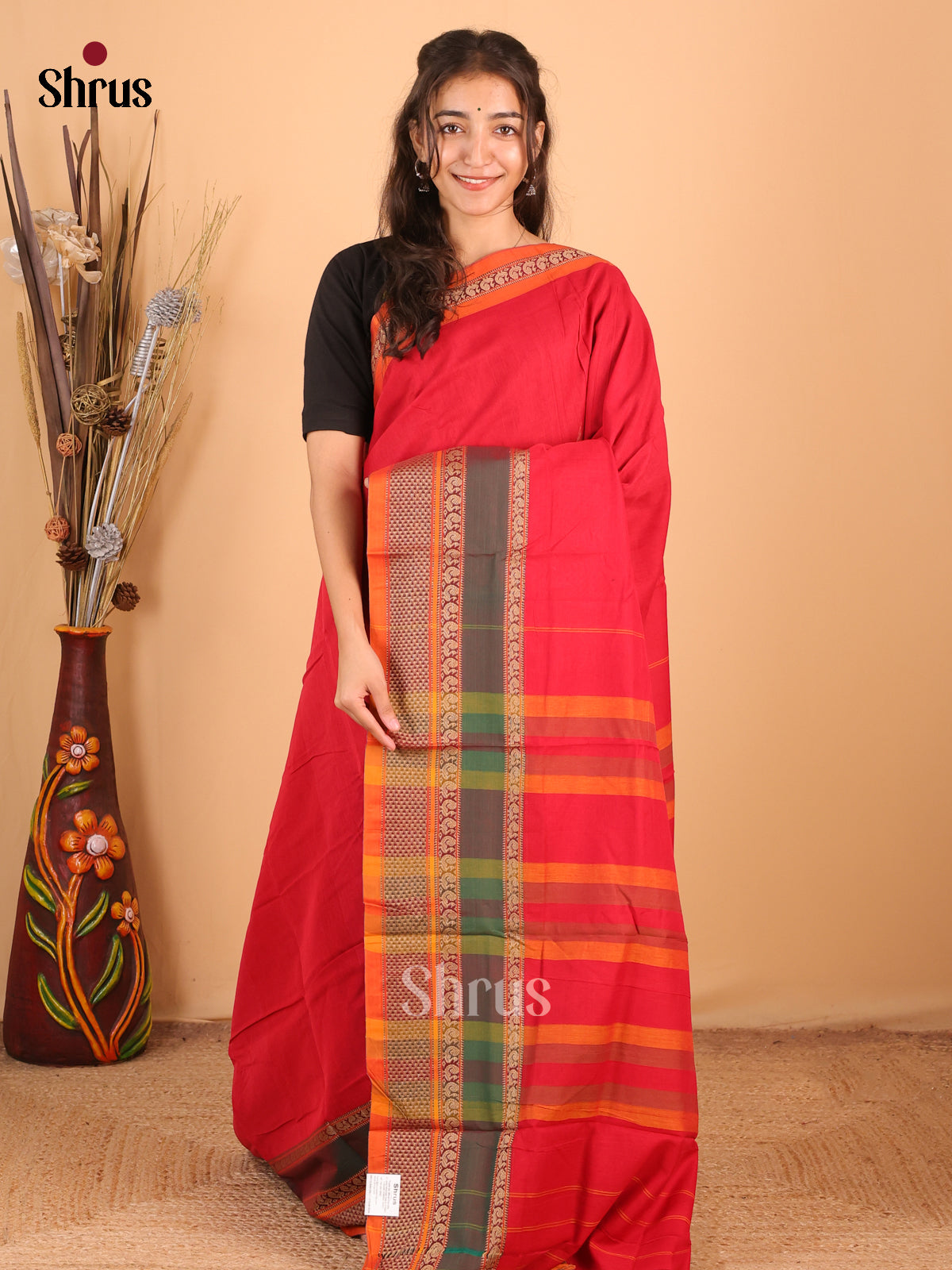Red & Orange - Narayanpet Cotton Saree - Shop on Shrus.com