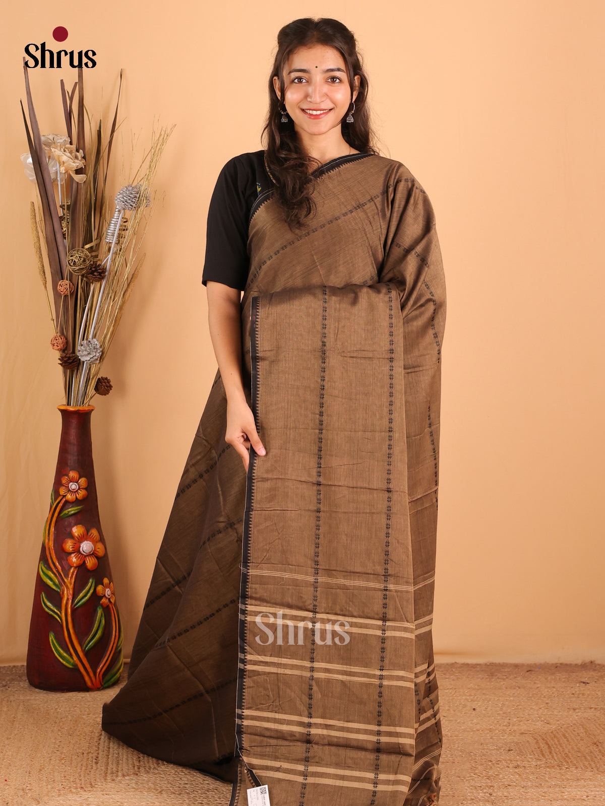 Brown & Black - Narayanpet Cotton Saree - Shop on Shrus.com