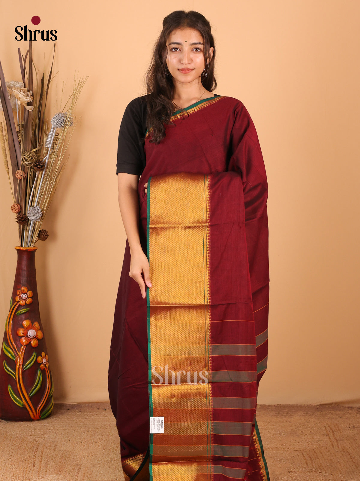 Maroon & Green - Narayanpet Cotton Saree - Shop on Shrus.com