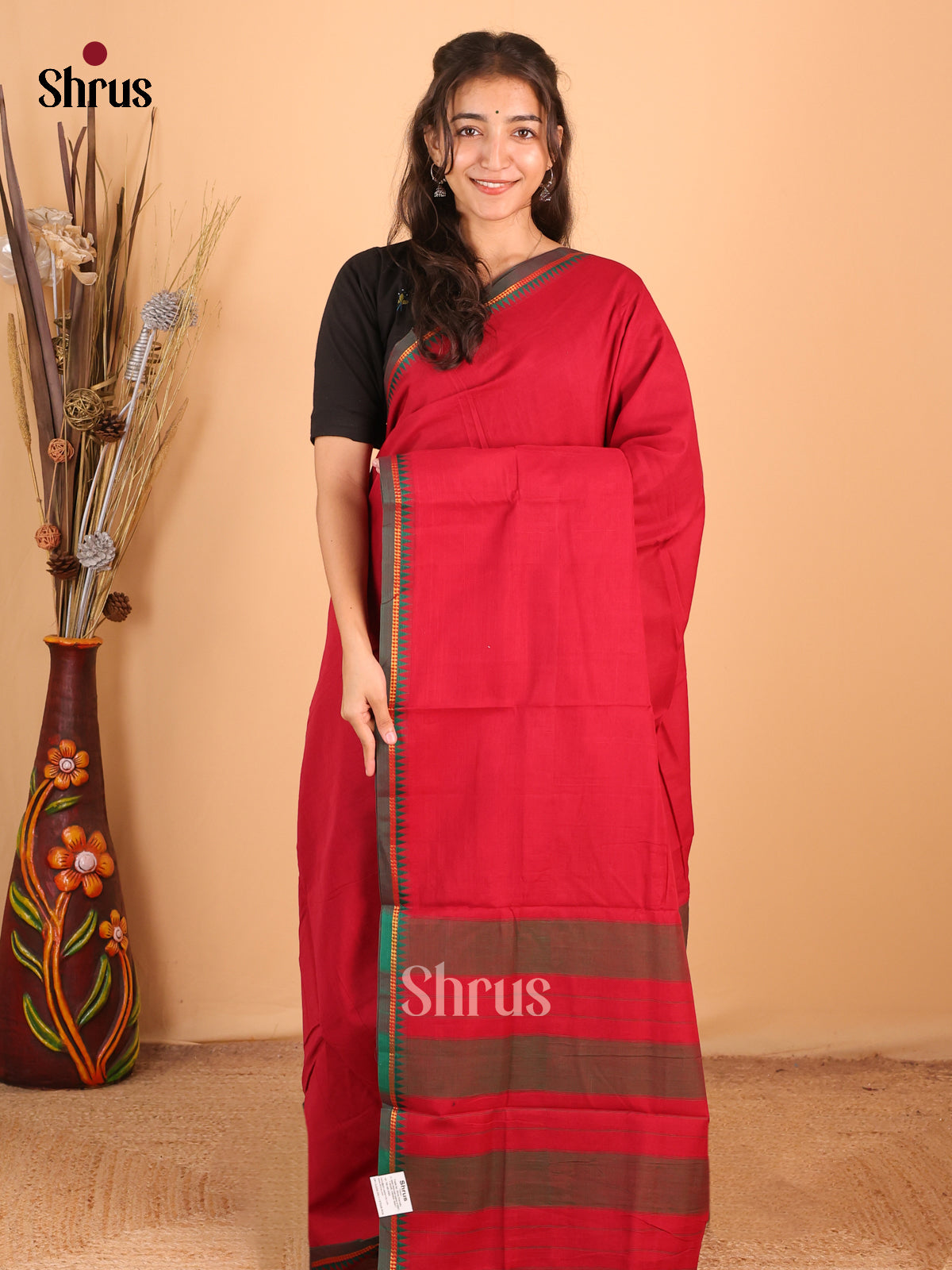 Red & Green- Narayanpet Cotton Saree - Shop on Shrus.com