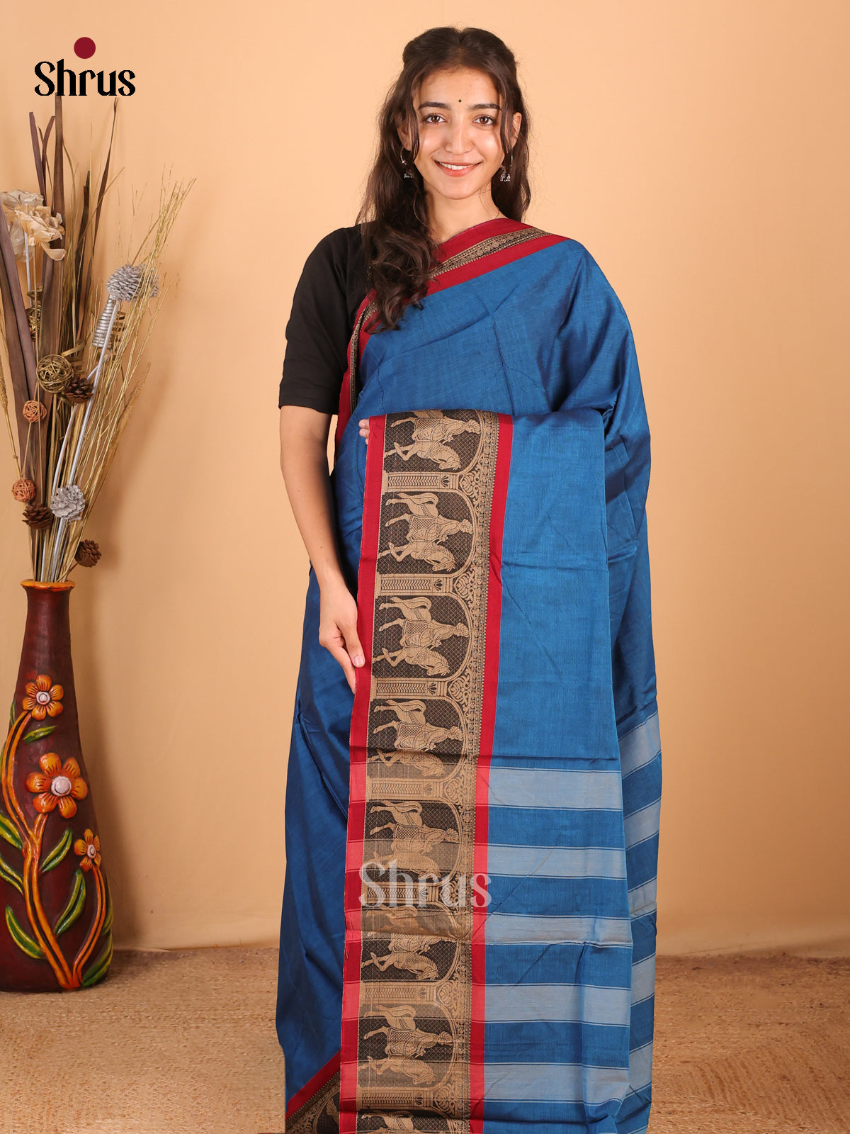 Blue & Maroon - Narayanpet Cotton Saree - Shop on Shrus.com