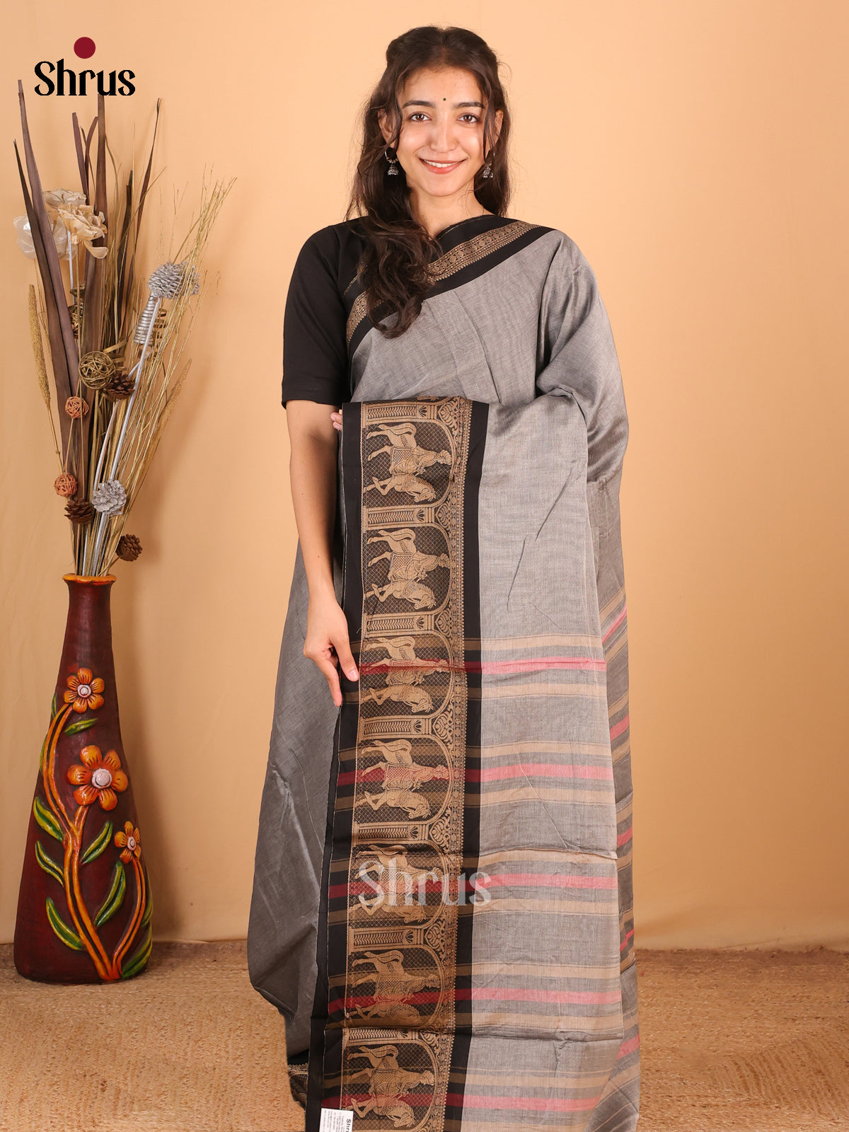 Grey & Black - Narayanpet Cotton Saree - Shop on Shrus.com
