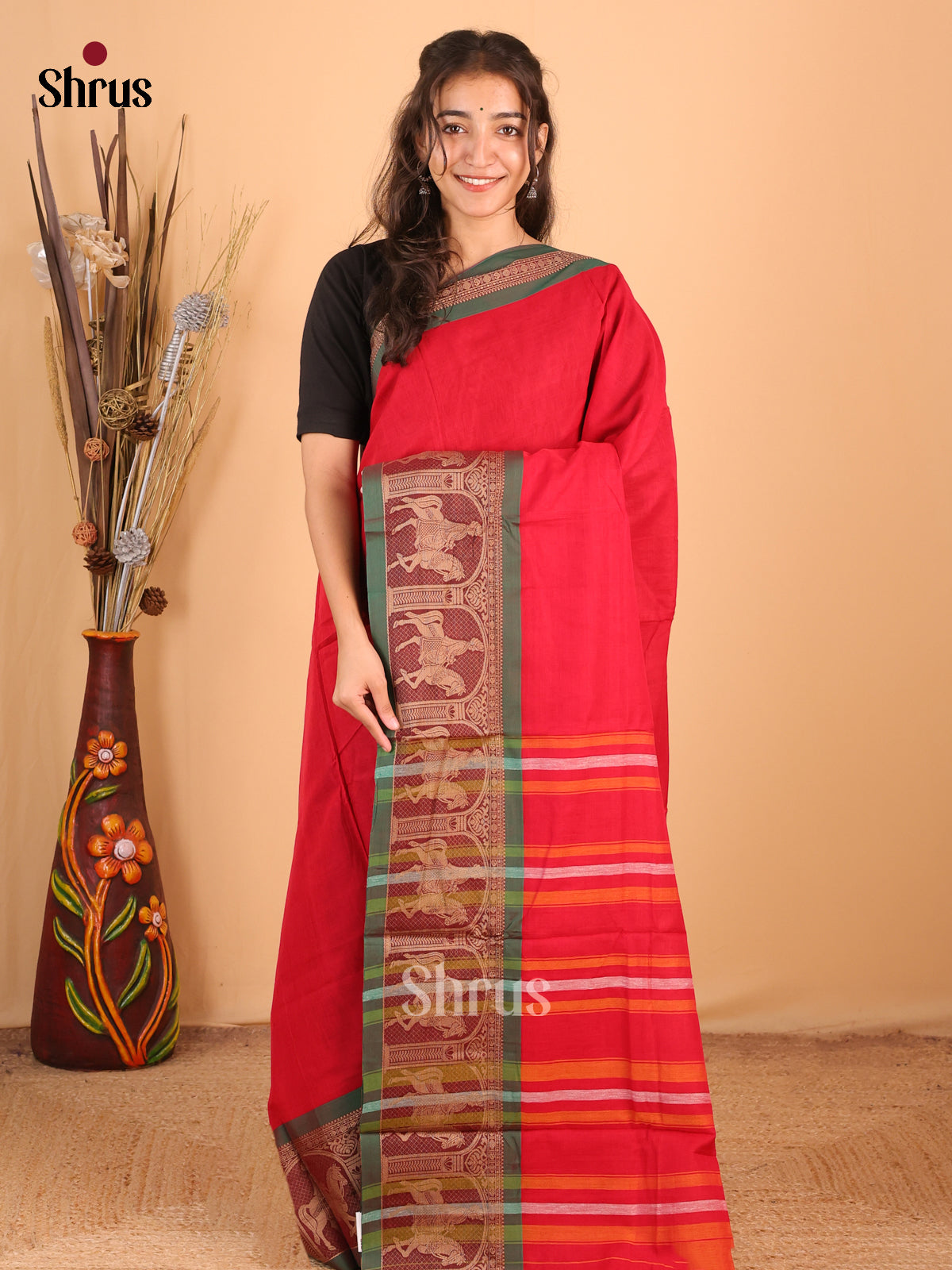 Red & Green - Narayanpet Cotton Saree - Shop on Shrus.com