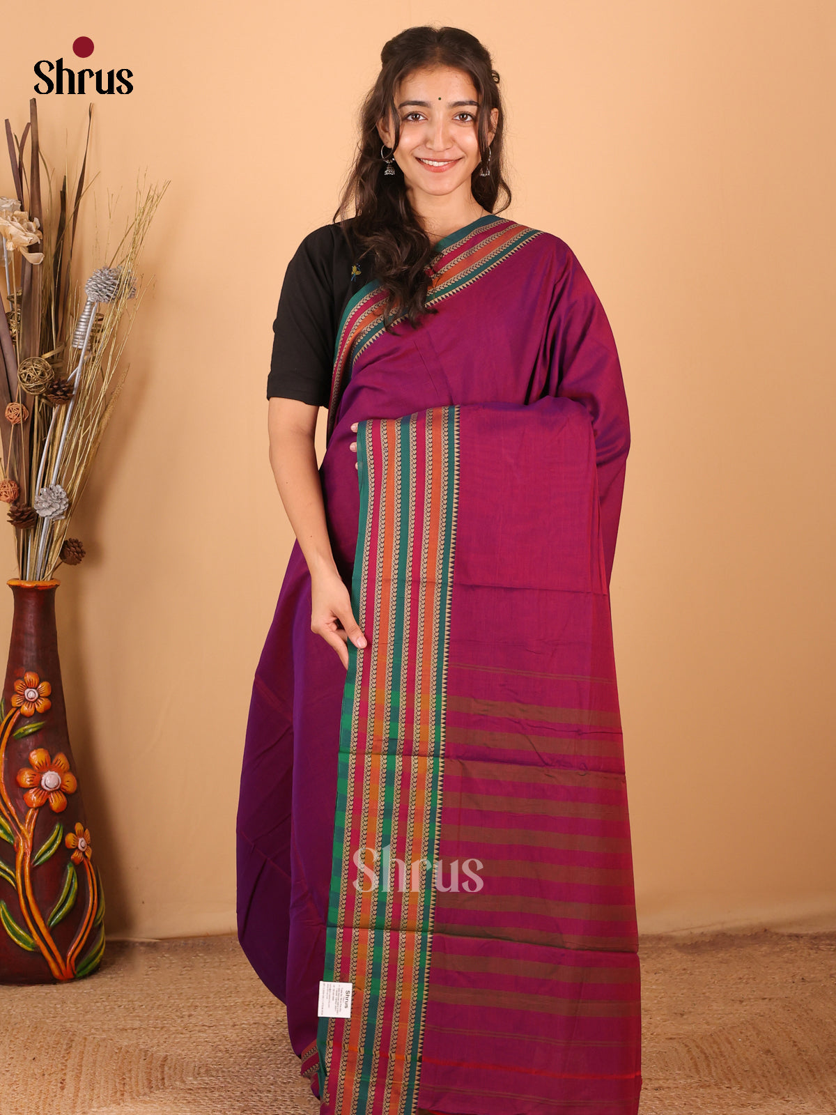 Wine & Green - Narayanpet Cotton Saree - Shop on Shrus.com