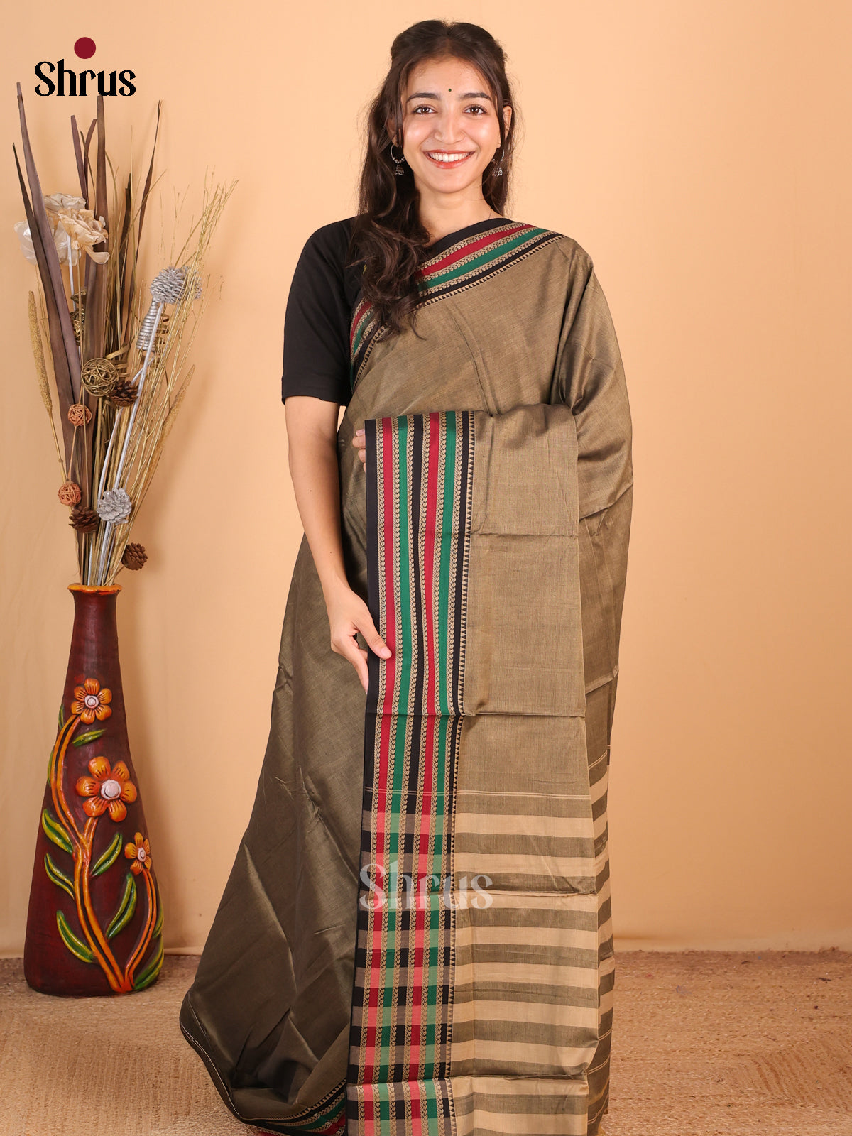 Grey & Black - Narayanpet Cotton Saree - Shop on Shrus.com
