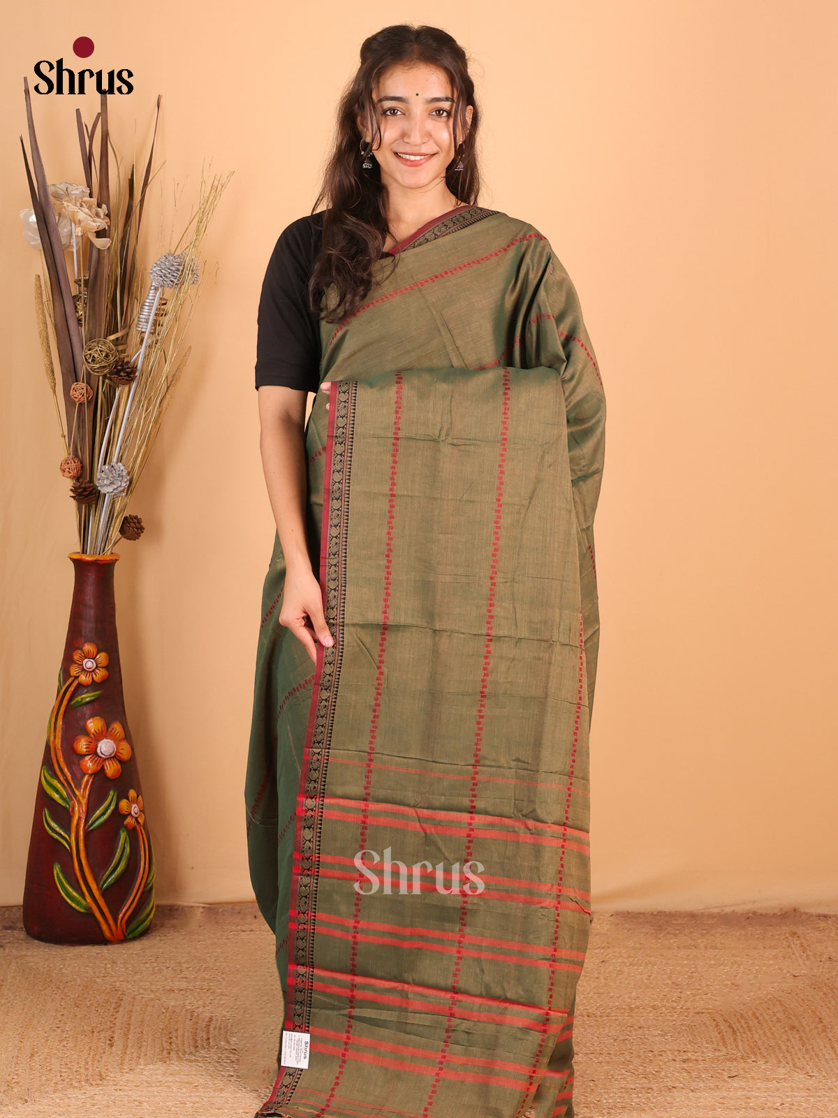 Chutney Green & Maroon- Narayanpet Cotton Saree - Shop on Shrus.com