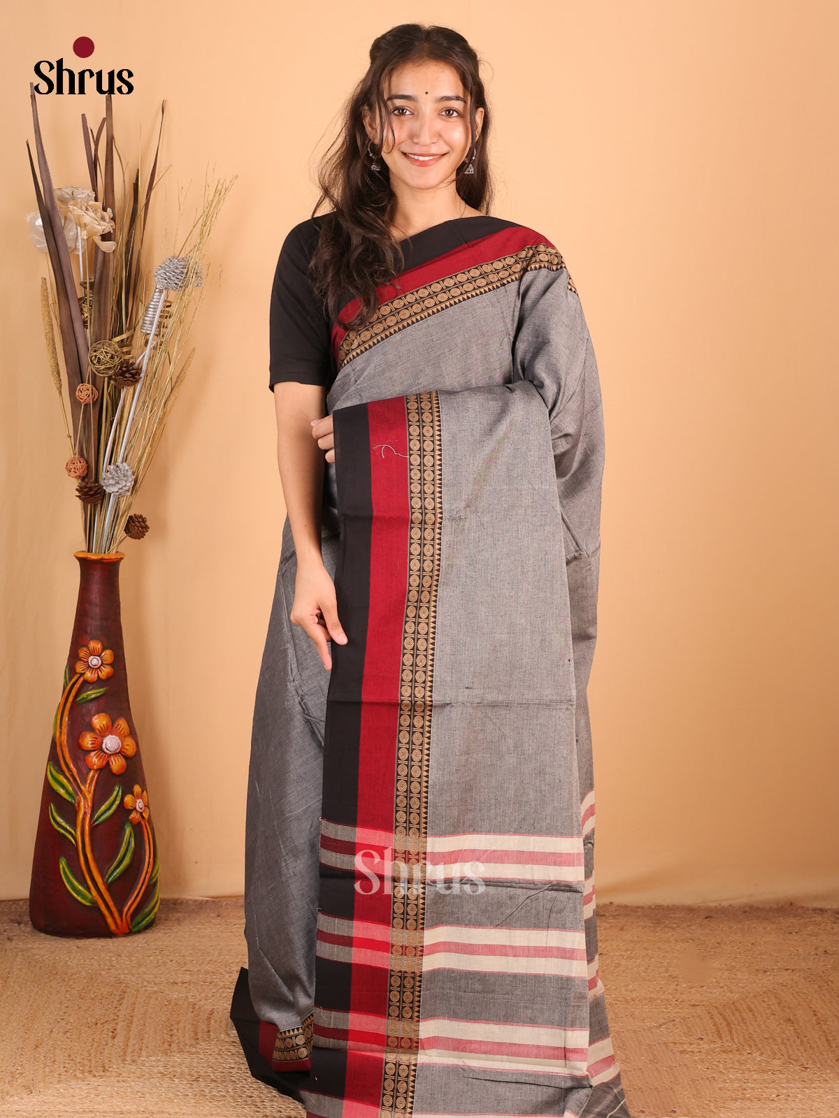 Grey & Black - Narayanpet Cotton Saree - Shop on Shrus.com