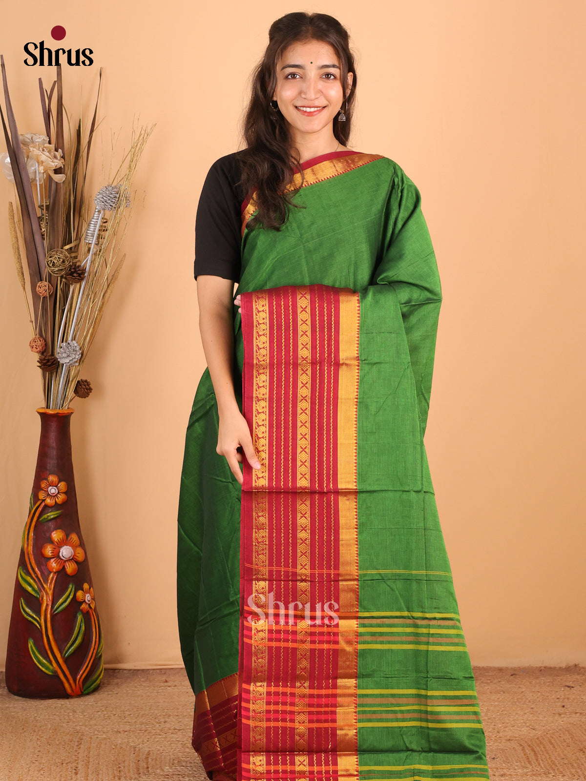 Green & Maroon - Narayanpet Cotton Saree - Shop on Shrus.com