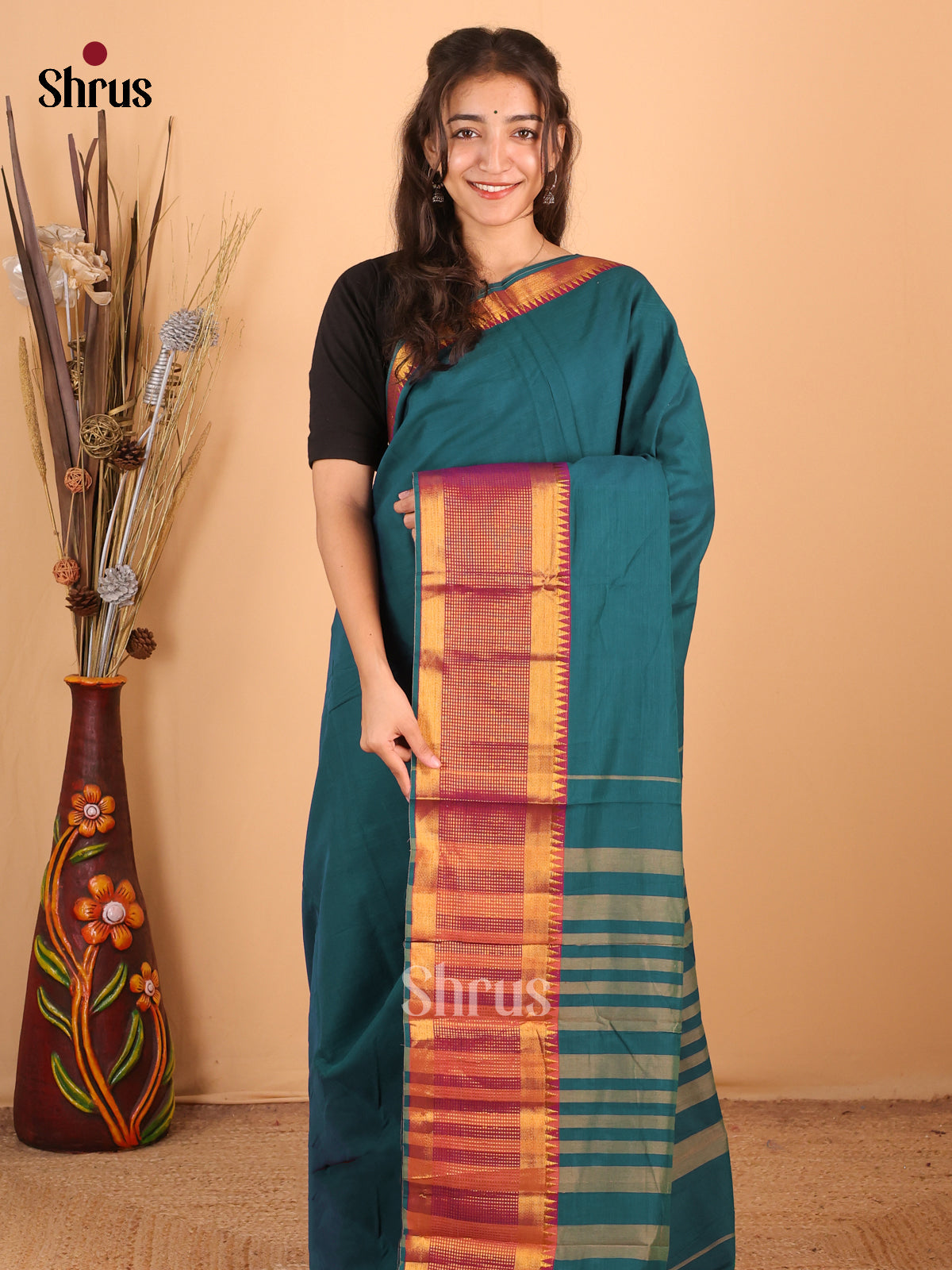 Peacock Blue & Maroon- Narayanpet Cotton Saree - Shop on Shrus.com