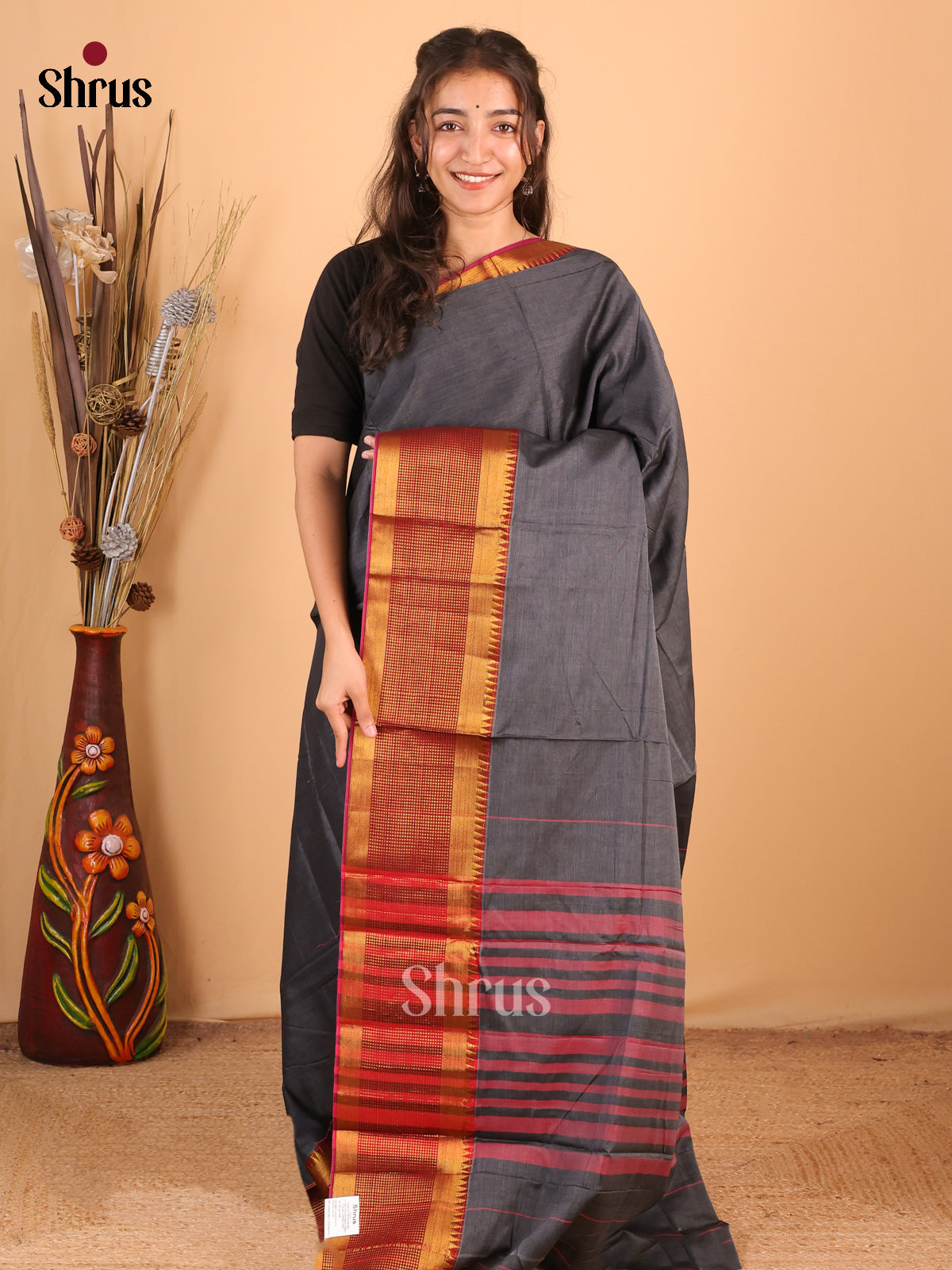 Grey & Maroon- Narayanpet Cotton Saree - Shop on Shrus.com