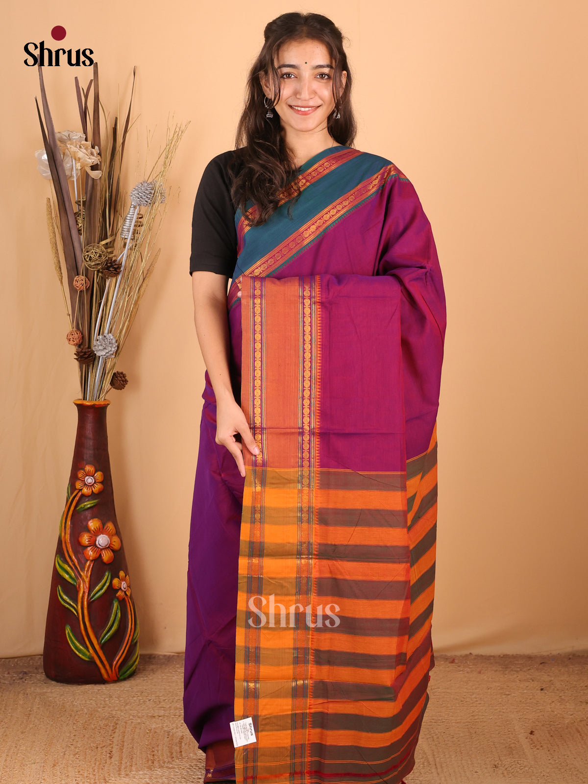 Purple & Orange - Narayanpet Cotton Saree - Shop on Shrus.com