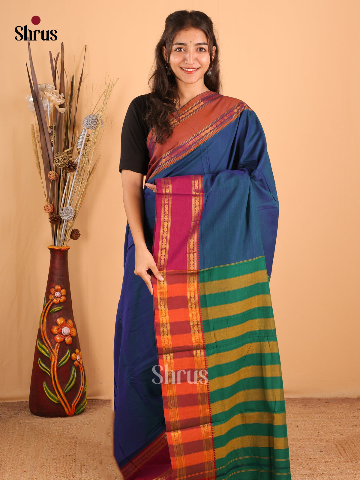 Blue & Green - Narayanpet Cotton Saree - Shop on Shrus.com