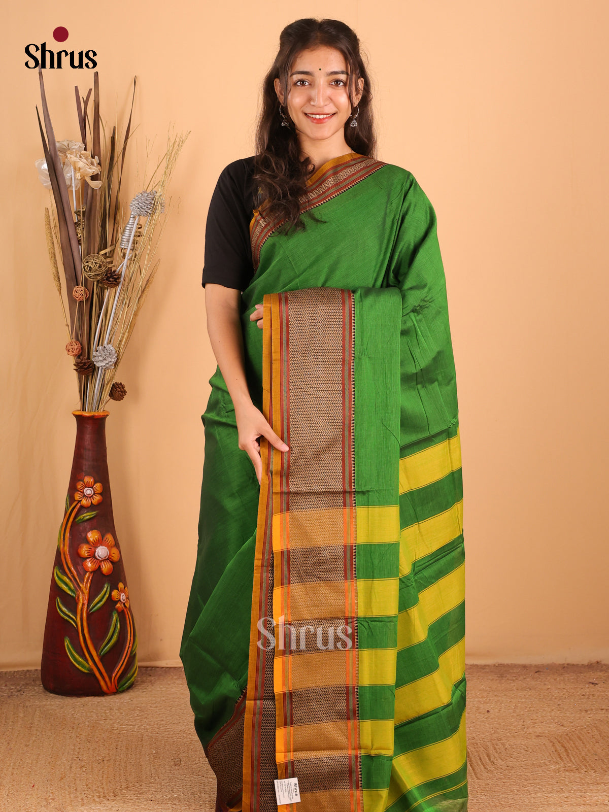 Leaf green & Mustard - Narayanpet Cotton Saree - Shop on Shrus.com