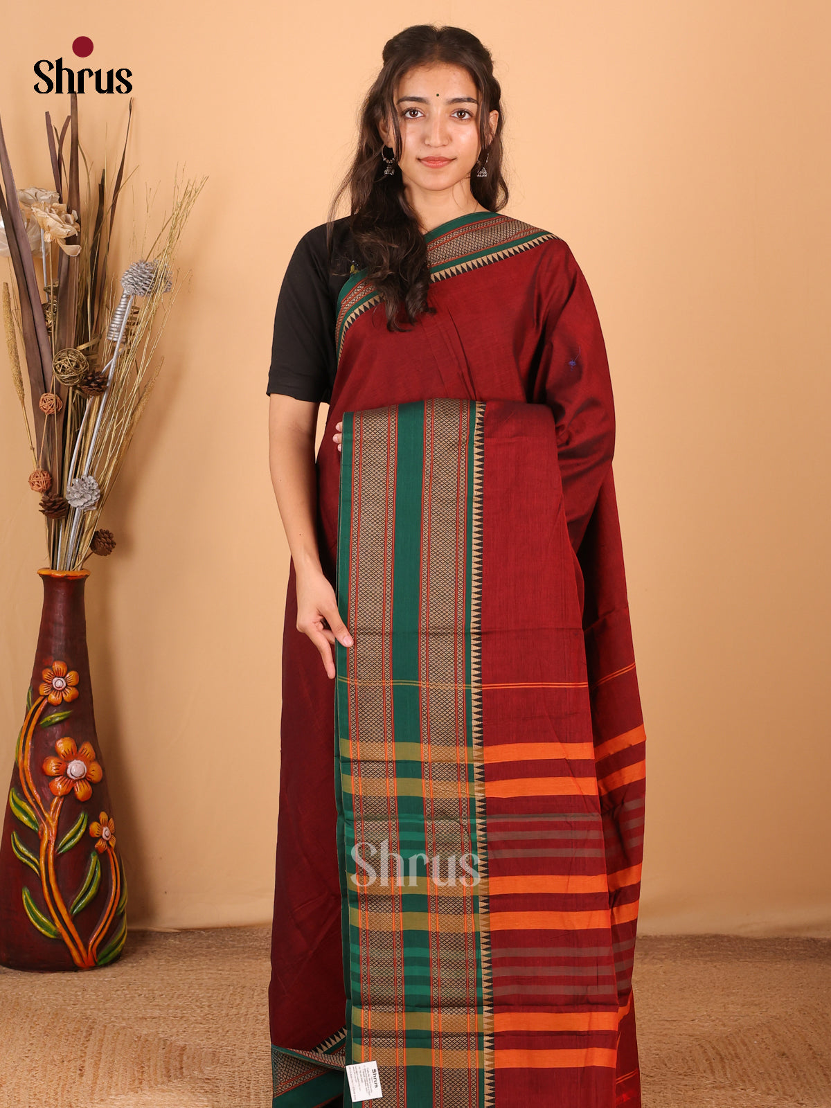 Maroon & Green - Narayanpet Cotton Saree - Shop on Shrus.com