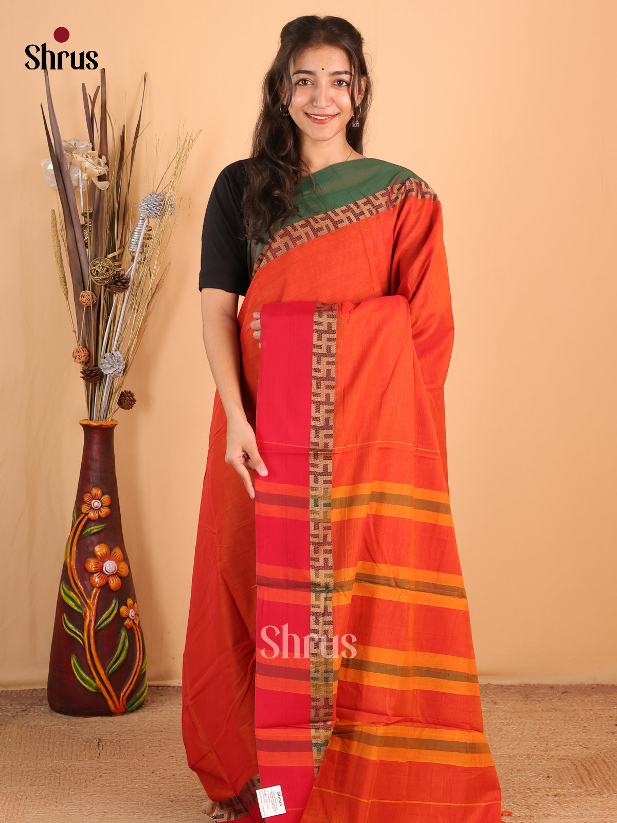 Orange & Green - Narayanpet Cotton Saree - Shop on Shrus.com