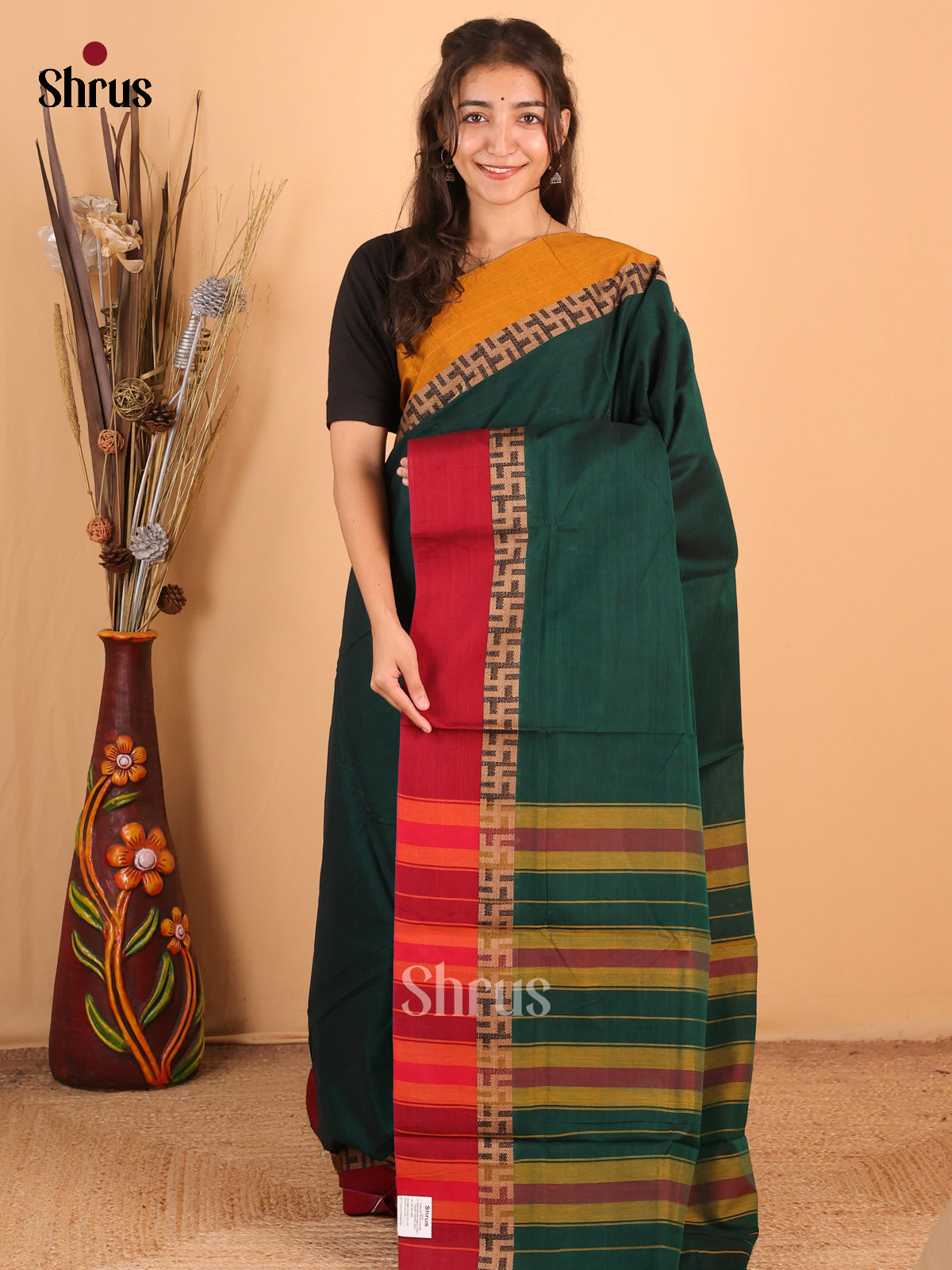 Green & Mustard - Narayanpet Cotton Saree - Shop on Shrus.com
