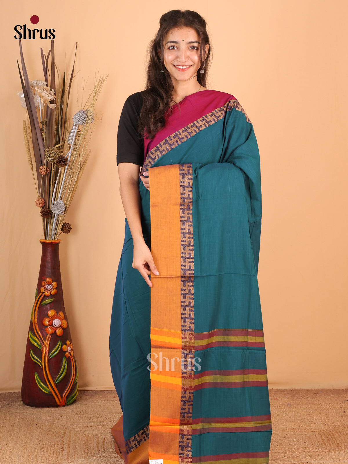 Blue & Mustard - Narayanpet Cotton Saree - Shop on Shrus.com
